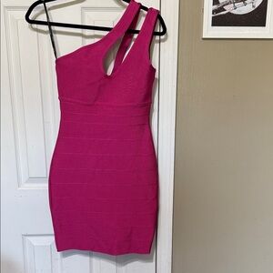 Herve Leger x Forever 21 Fuchsia One Shoulder Dress Chest 14” W 12” Pit-hem 25”